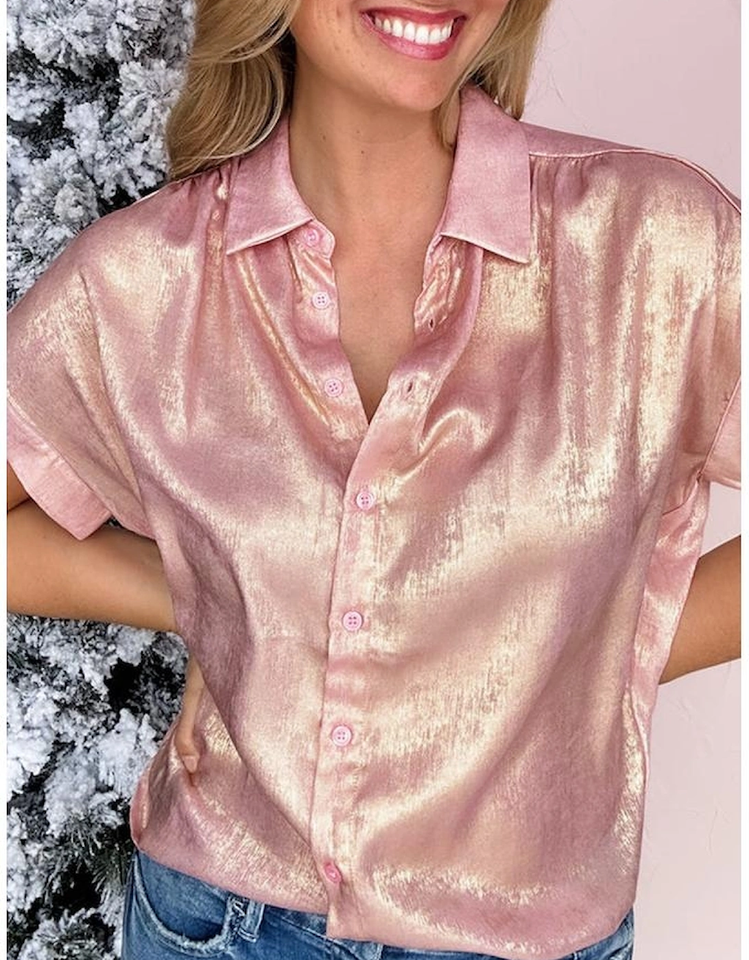 Delicacy Metallic Buttoned Loose Fit Short Sleeve Shirt