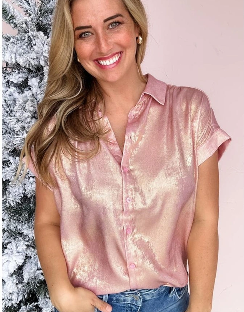 Delicacy Metallic Buttoned Loose Fit Short Sleeve Shirt