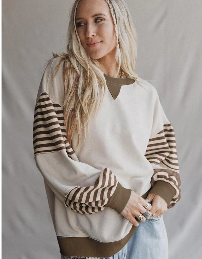 Parchment Striped Colorblock Patchwork Drop Shoulder Sweatshirt