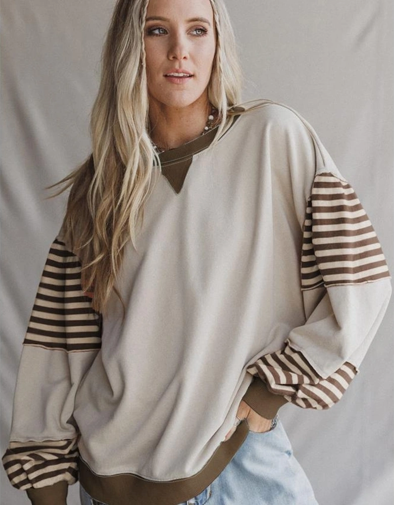 Parchment Striped Colorblock Patchwork Drop Shoulder Sweatshirt