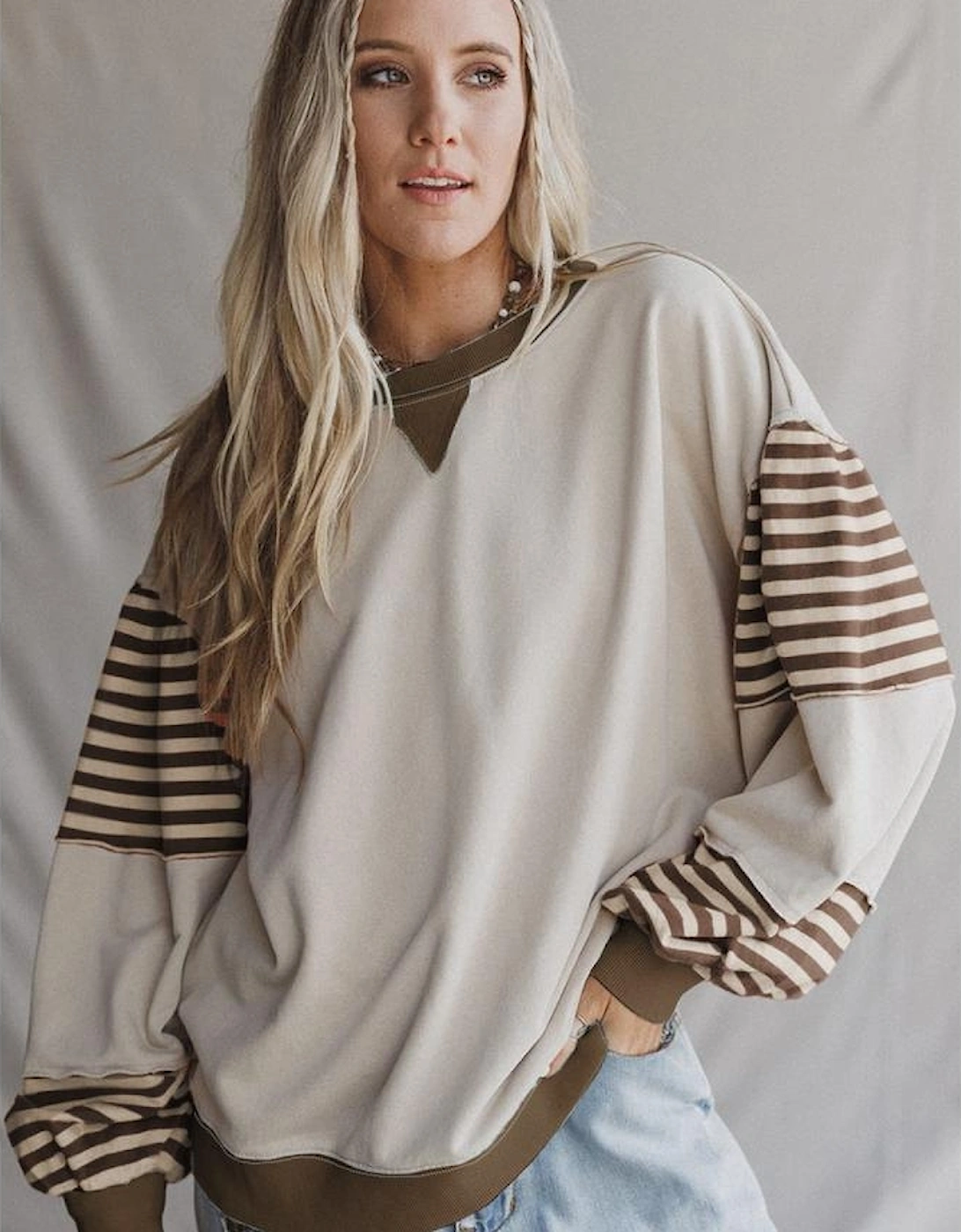Parchment Striped Colorblock Patchwork Drop Shoulder Sweatshirt