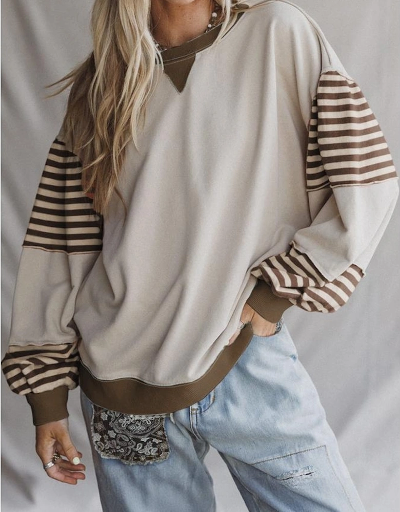 Parchment Striped Colorblock Patchwork Drop Shoulder Sweatshirt