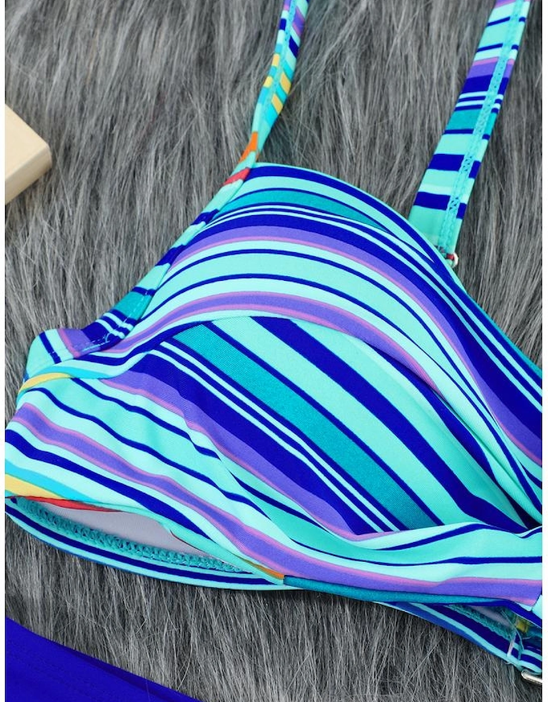 Sky Blue Twisted Bust Striped Bikini Set