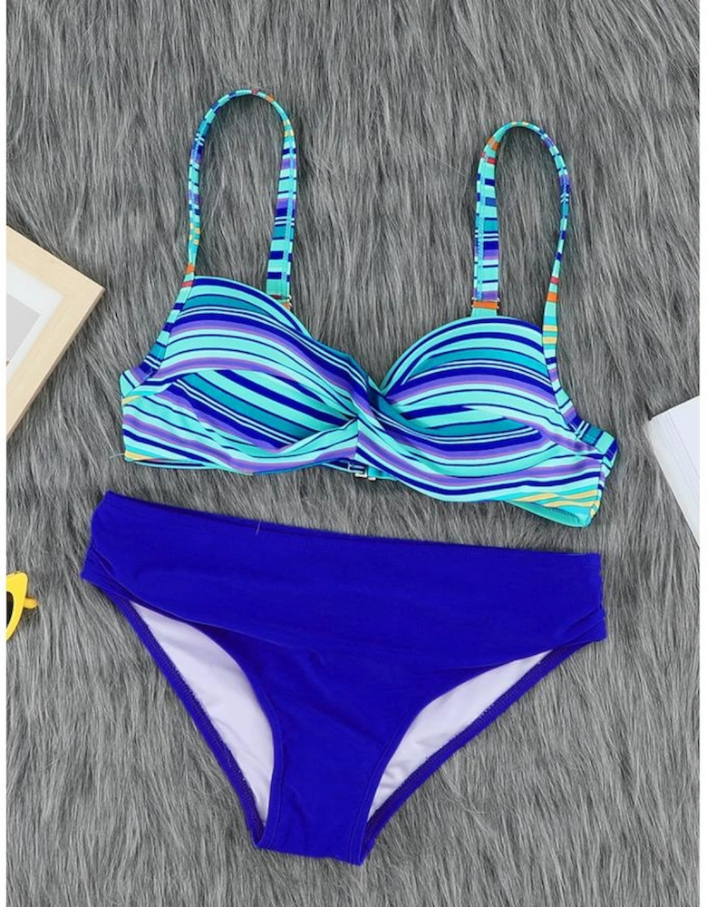 Sky Blue Twisted Bust Striped Bikini Set
