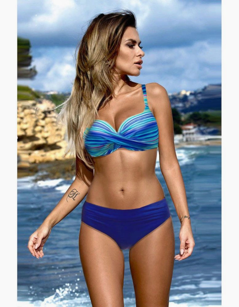 Sky Blue Twisted Bust Striped Bikini Set