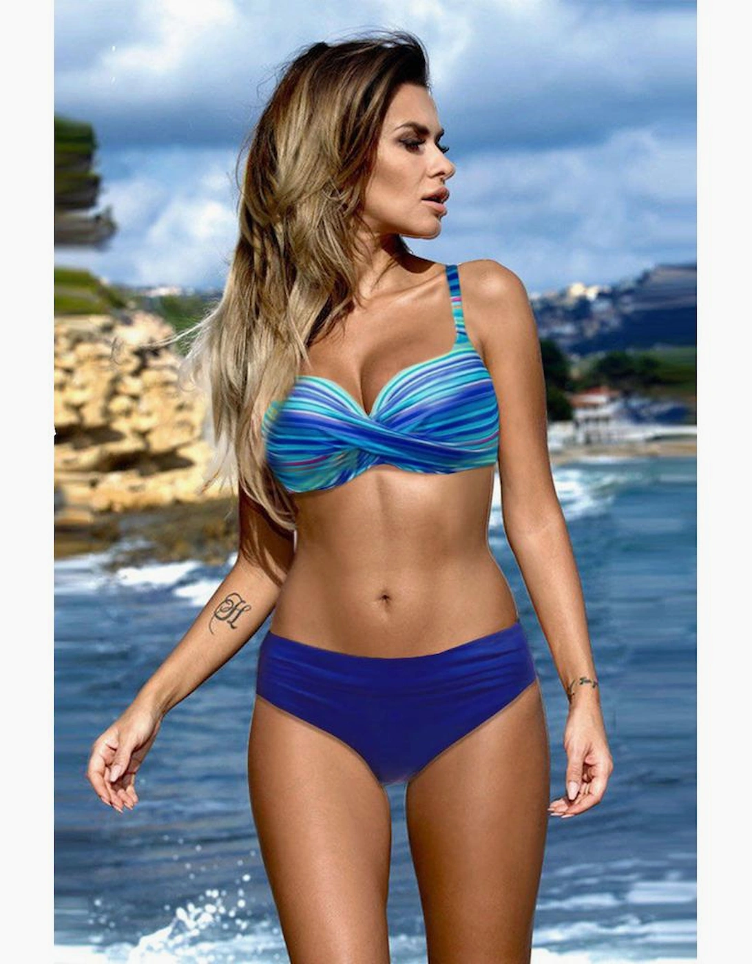 Sky Blue Twisted Bust Striped Bikini Set