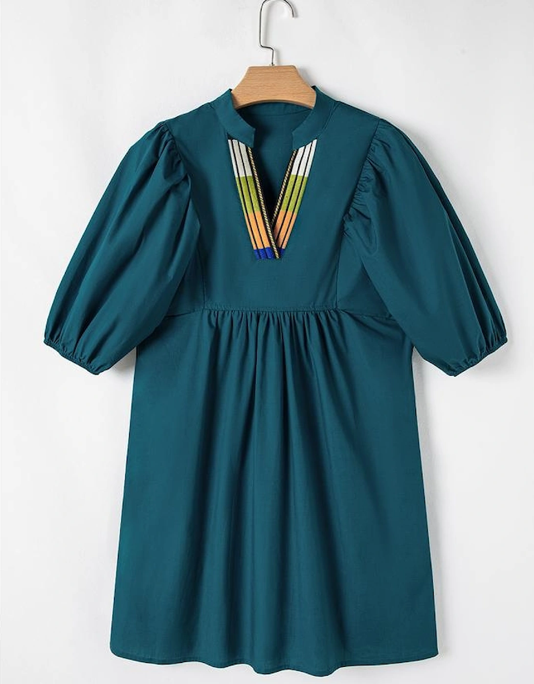 Blue Sapphire Colorblock Split V Neck Puff Sleeve Mini Dress