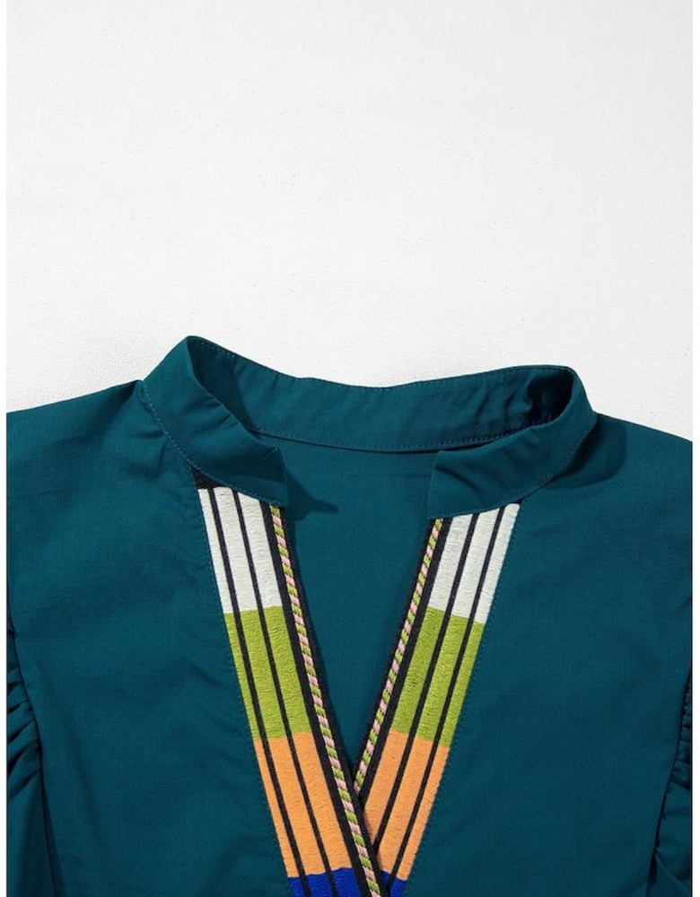 Blue Sapphire Colorblock Split V Neck Puff Sleeve Mini Dress