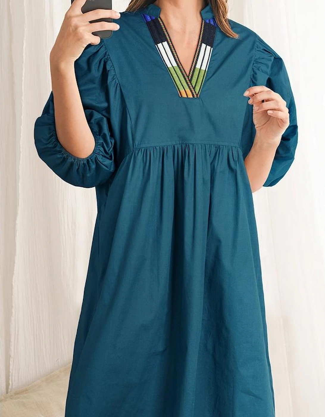 Blue Sapphire Colorblock Split V Neck Puff Sleeve Mini Dress