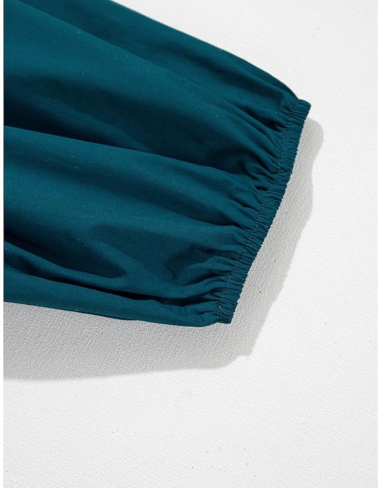 Blue Sapphire Colorblock Split V Neck Puff Sleeve Mini Dress