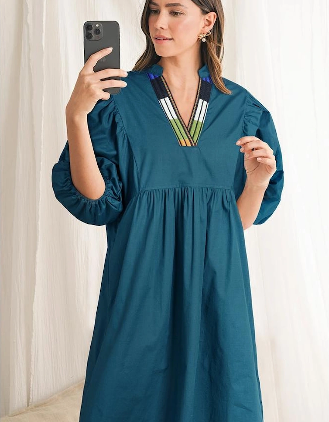 Blue Sapphire Colorblock Split V Neck Puff Sleeve Mini Dress