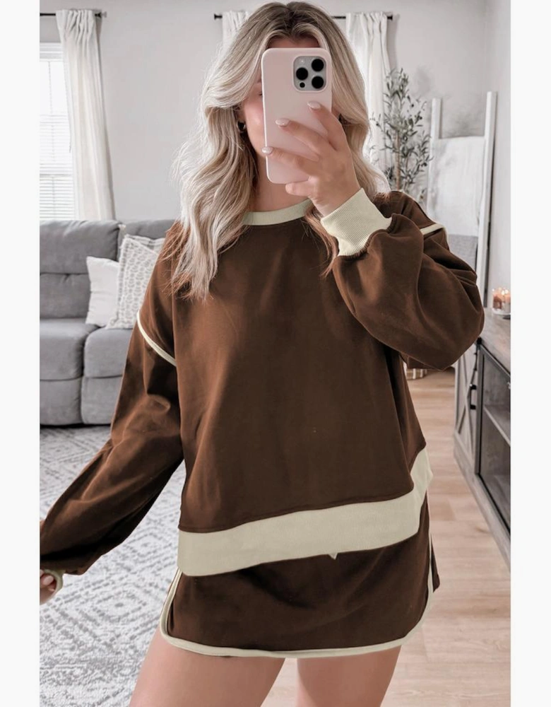 Coffee Color Contrast Loose Pullover and Lace-up Waist Skort Set