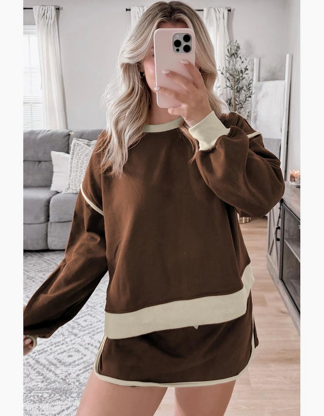 Coffee Color Contrast Loose Pullover and Lace-up Waist Skort Set