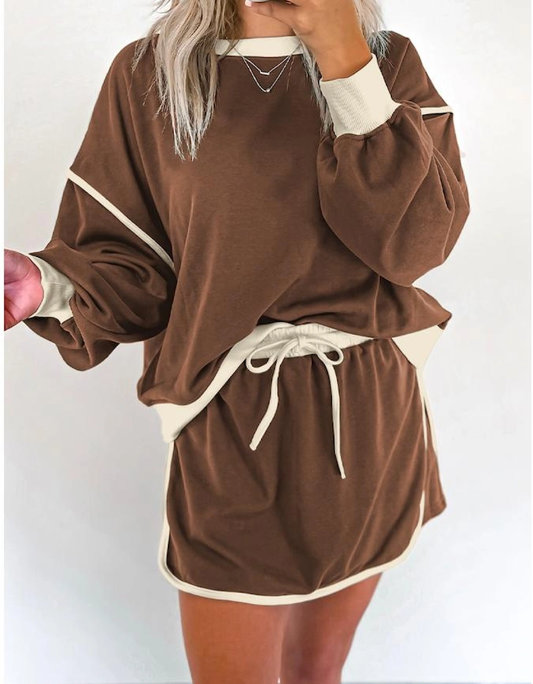 Coffee Color Contrast Loose Pullover and Lace-up Waist Skort Set, 12 of 11