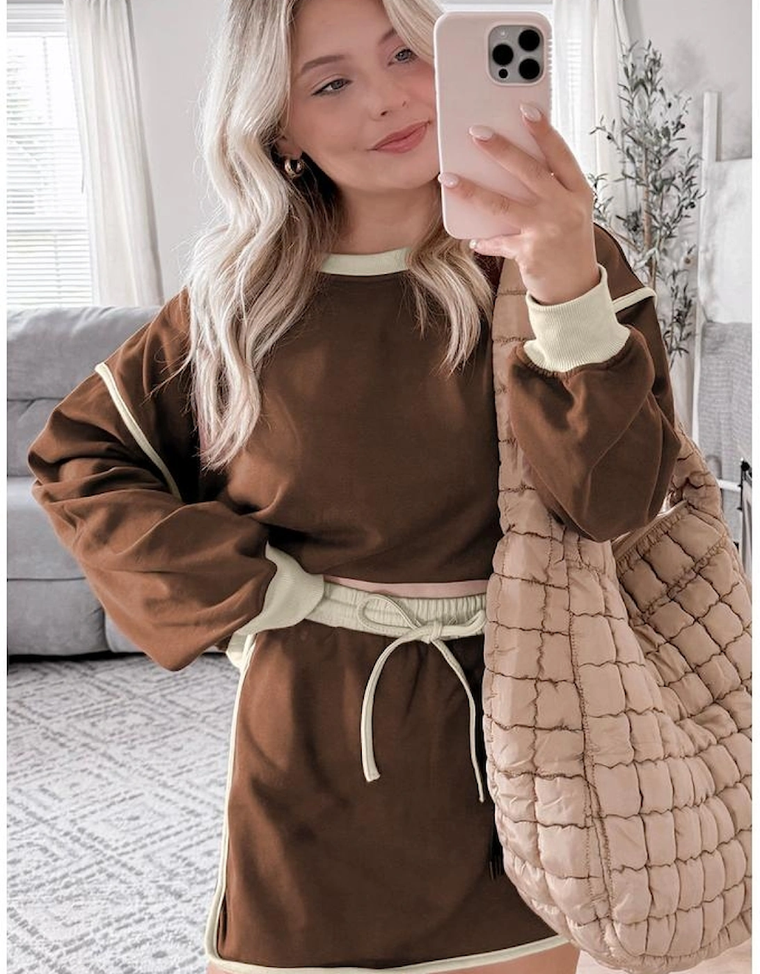 Coffee Color Contrast Loose Pullover and Lace-up Waist Skort Set