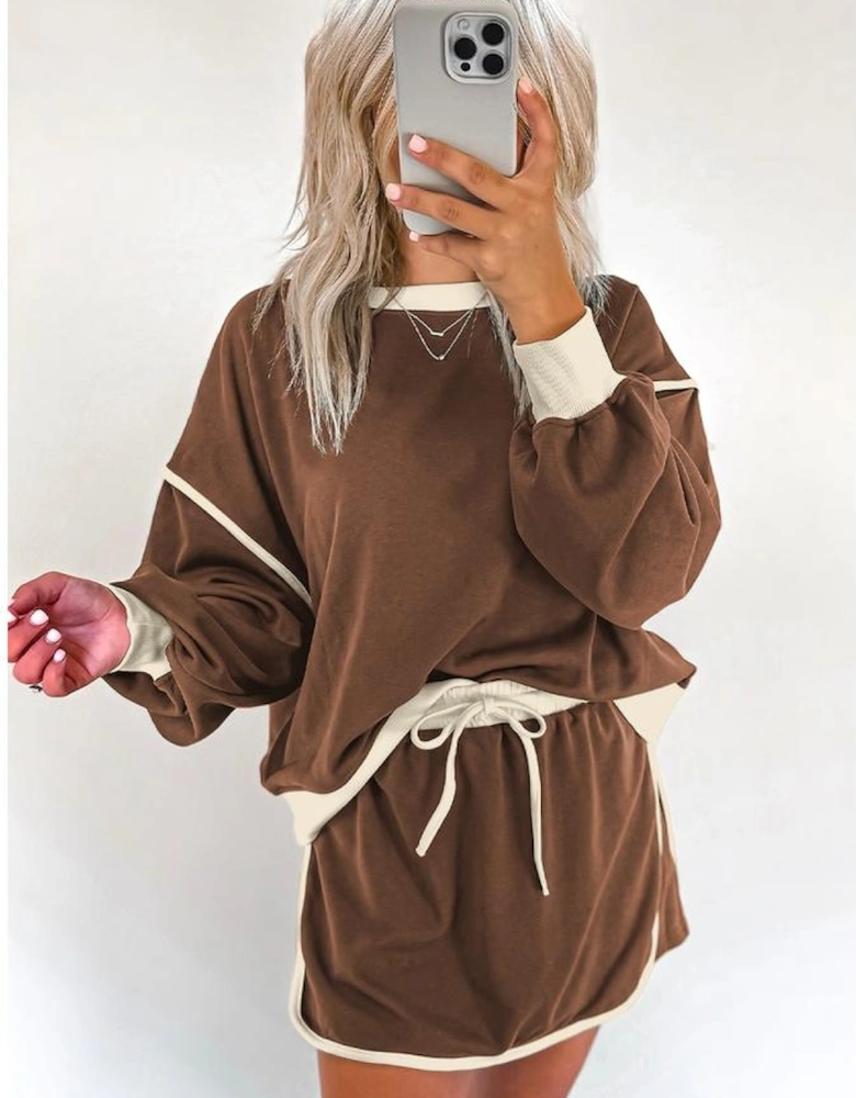 Coffee Color Contrast Loose Pullover and Lace-up Waist Skort Set