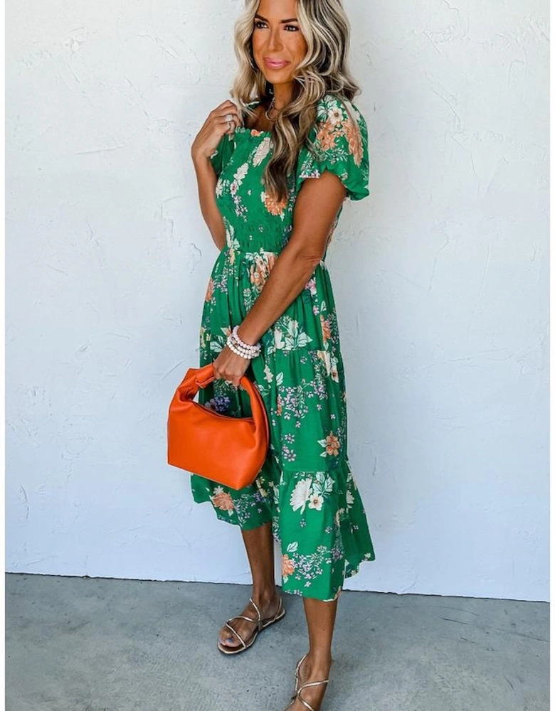 Green Floral Print Bubble Sleeve Smocked Tiered Midi Dress