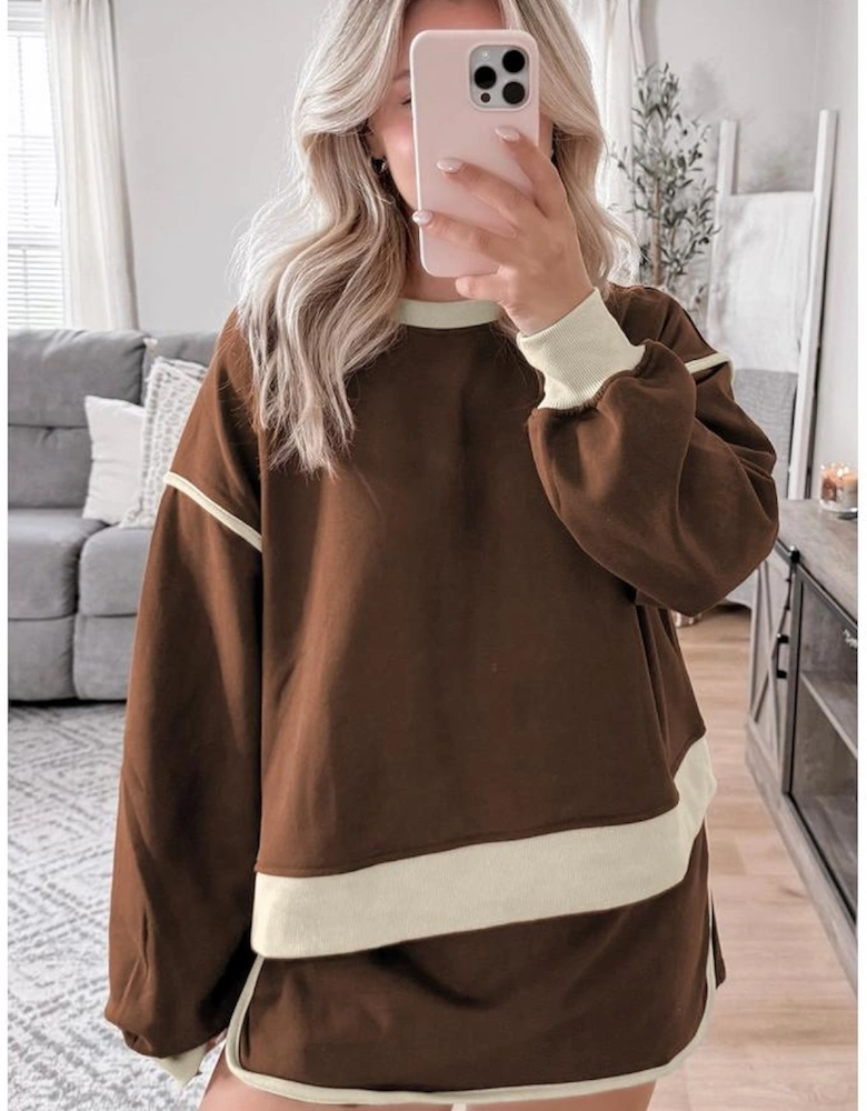Coffee Color Contrast Loose Pullover and Lace-up Waist Skort Set
