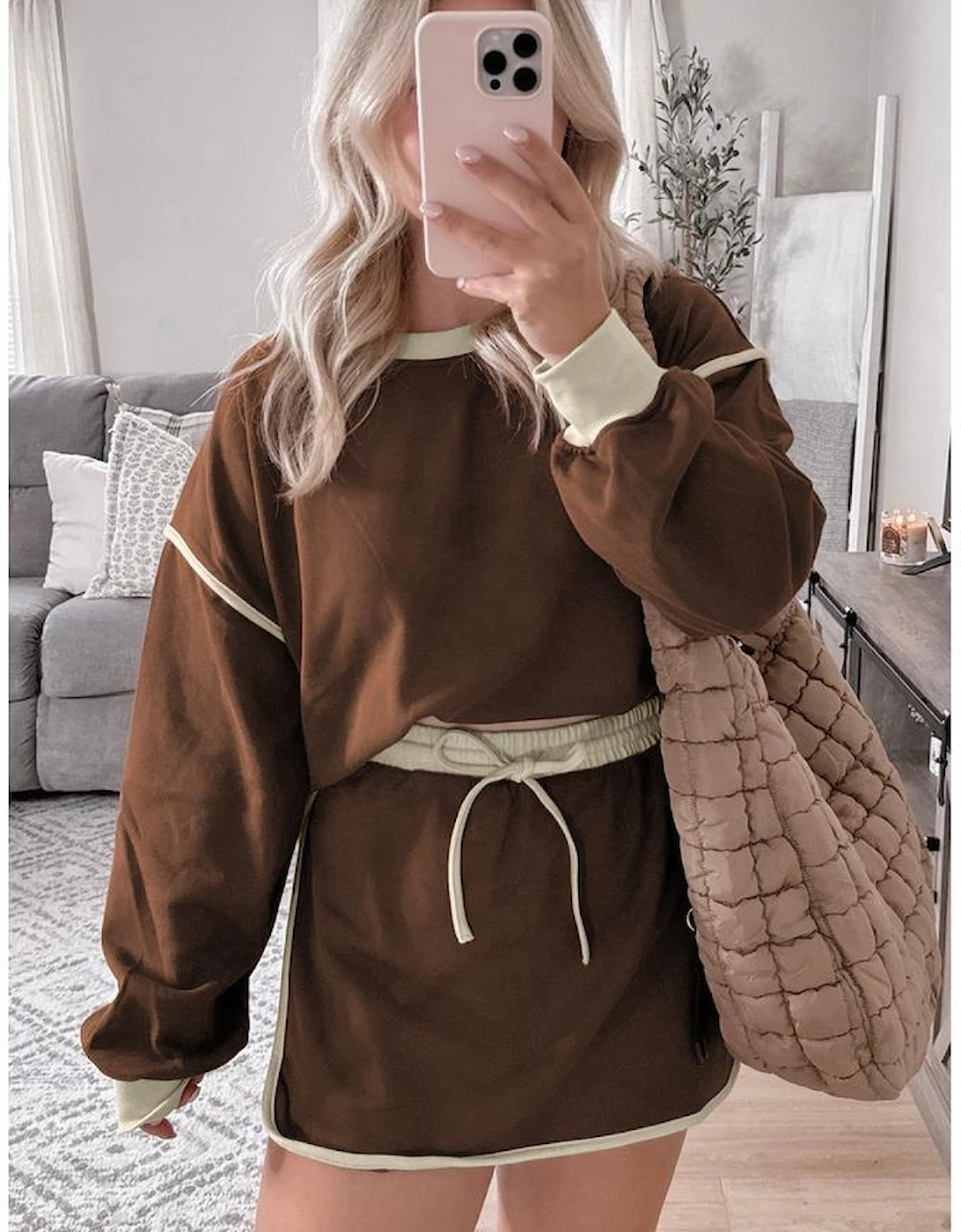 Coffee Color Contrast Loose Pullover and Lace-up Waist Skort Set