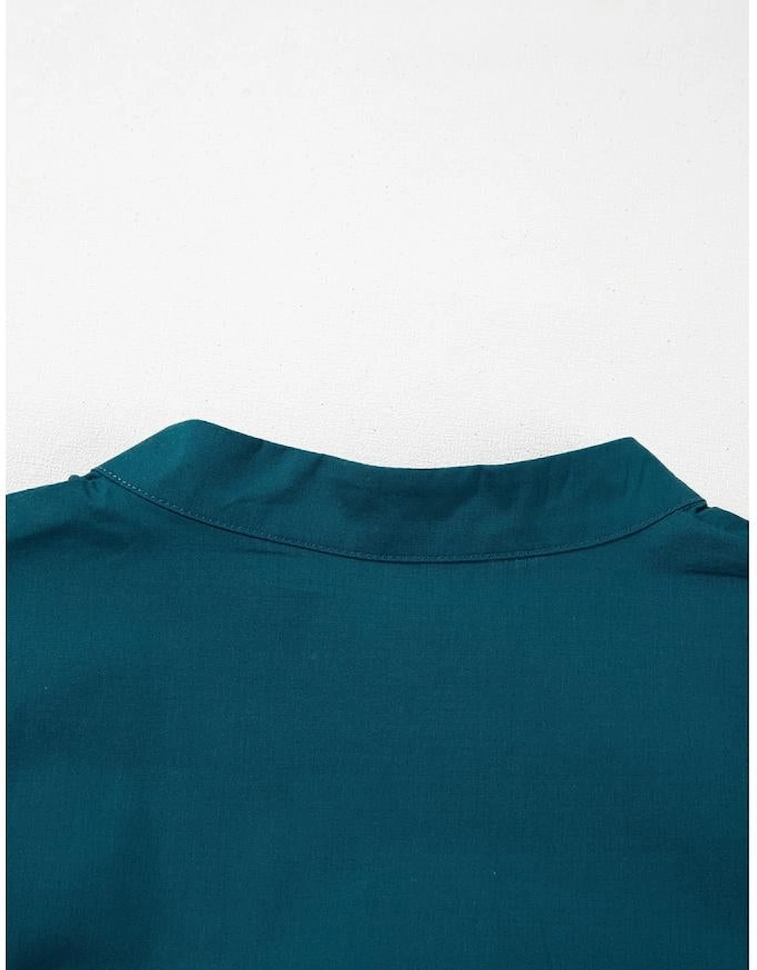 Blue Sapphire Colorblock Split V Neck Puff Sleeve Mini Dress