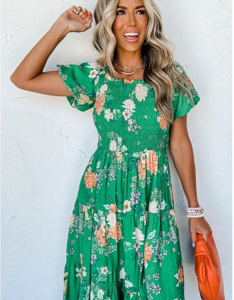 Green Floral Print Bubble Sleeve Smocked Tiered Midi Dress