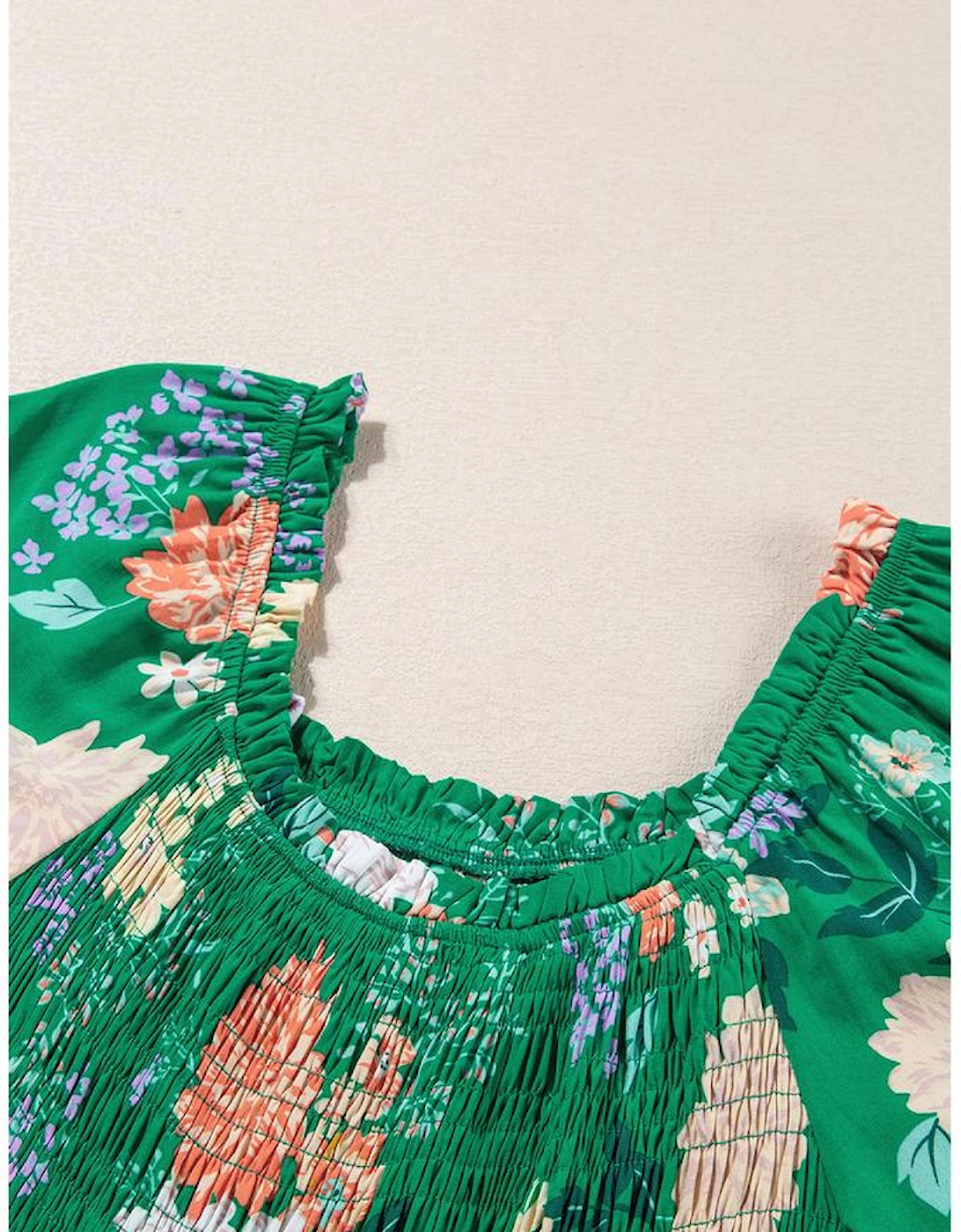 Green Floral Print Bubble Sleeve Smocked Tiered Midi Dress