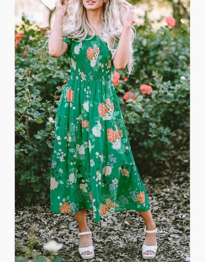 Green Floral Print Bubble Sleeve Smocked Tiered Midi Dress