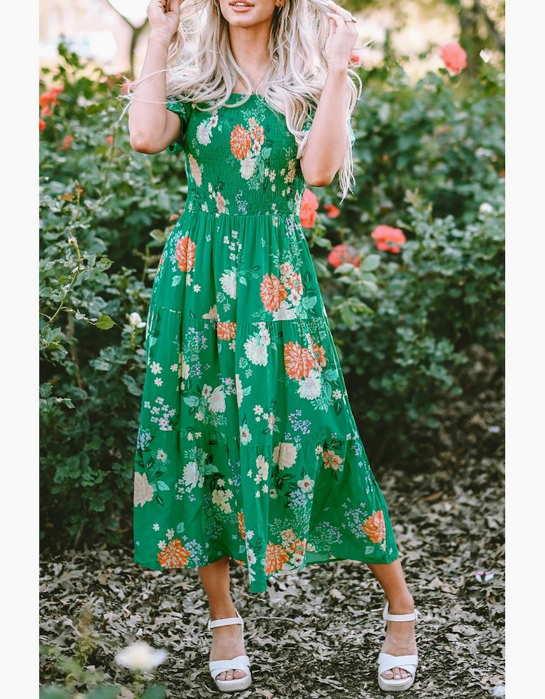 Green Floral Print Bubble Sleeve Smocked Tiered Midi Dress