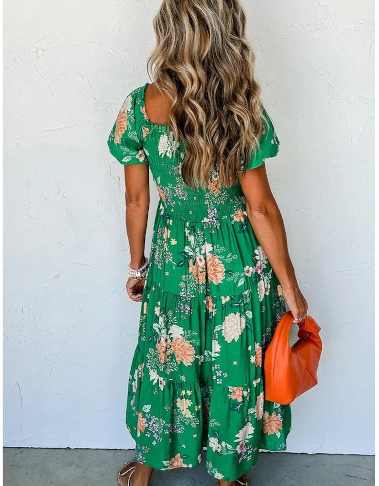 Green Floral Print Bubble Sleeve Smocked Tiered Midi Dress