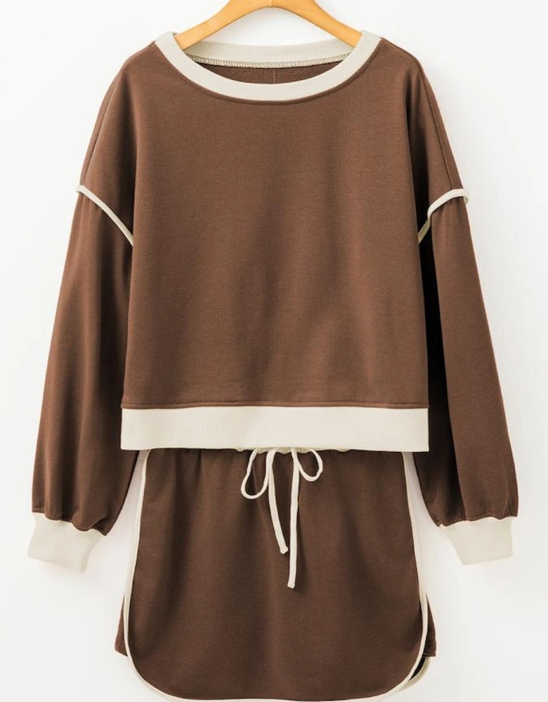 Coffee Color Contrast Loose Pullover and Lace-up Waist Skort Set