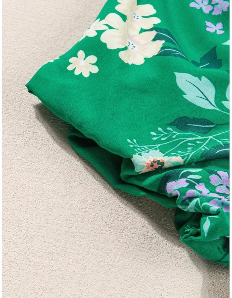Green Floral Print Bubble Sleeve Smocked Tiered Midi Dress