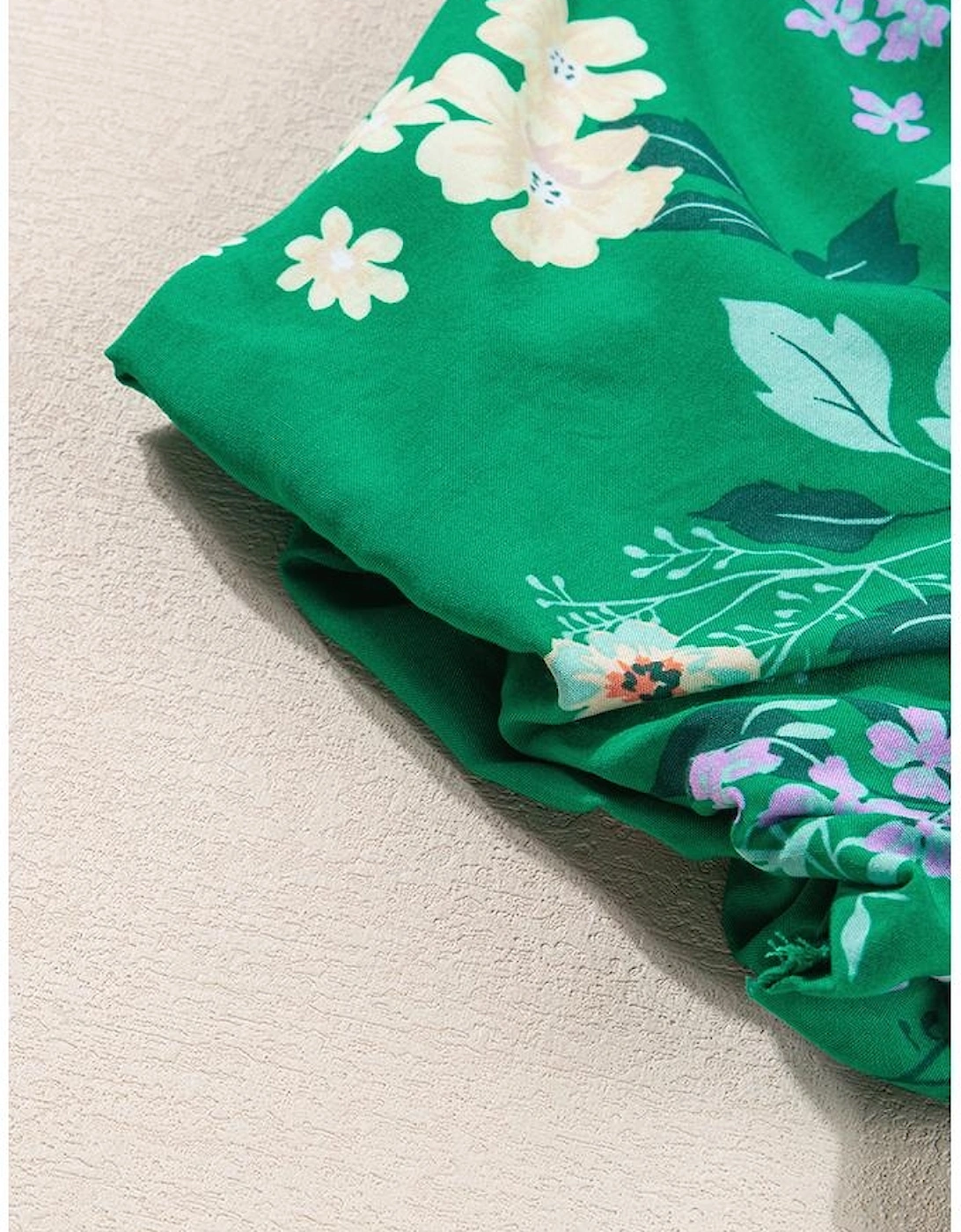 Green Floral Print Bubble Sleeve Smocked Tiered Midi Dress