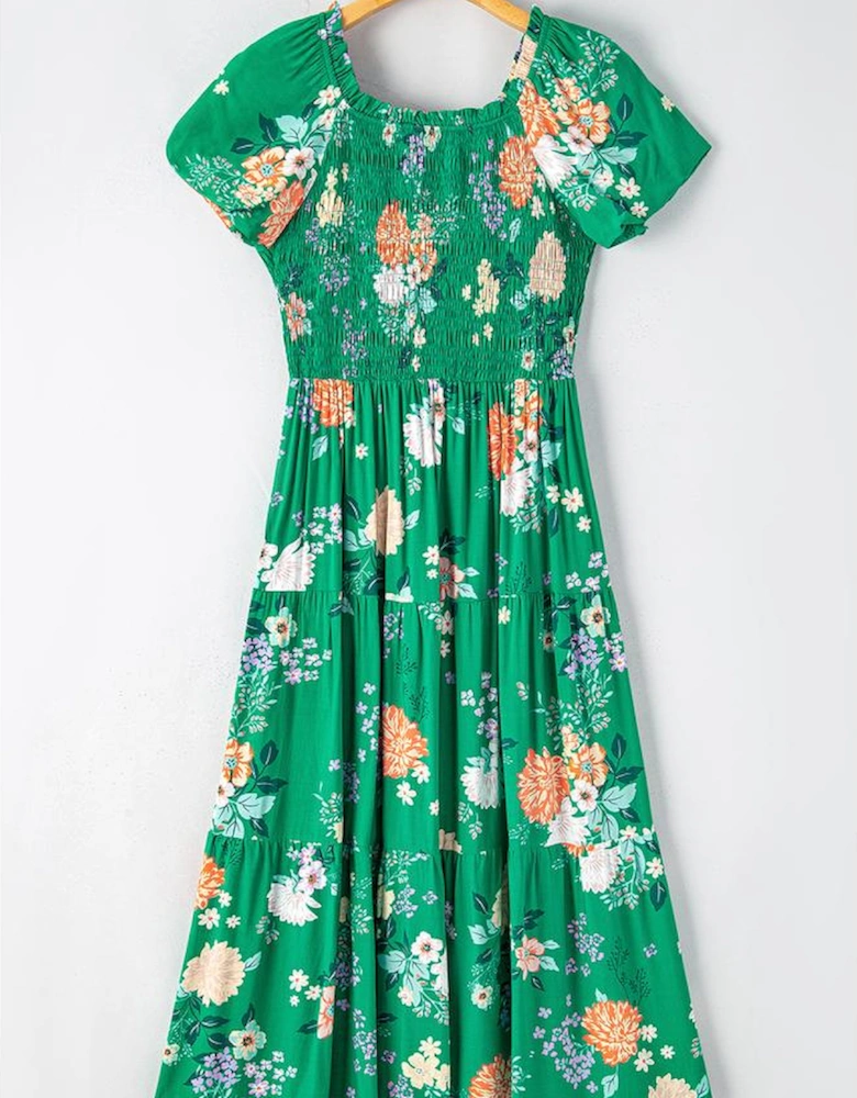 Green Floral Print Bubble Sleeve Smocked Tiered Midi Dress