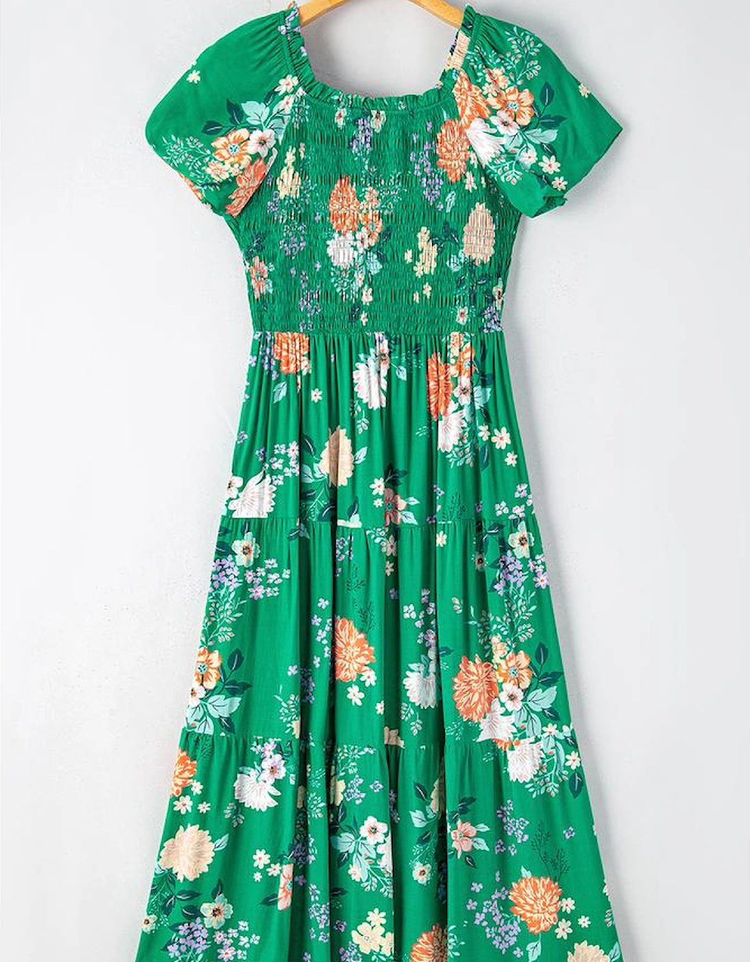 Green Floral Print Bubble Sleeve Smocked Tiered Midi Dress
