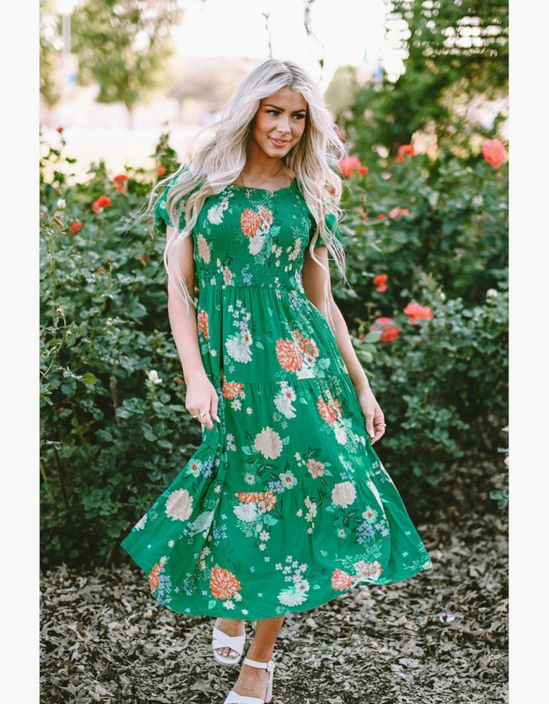 Green Floral Print Bubble Sleeve Smocked Tiered Midi Dress
