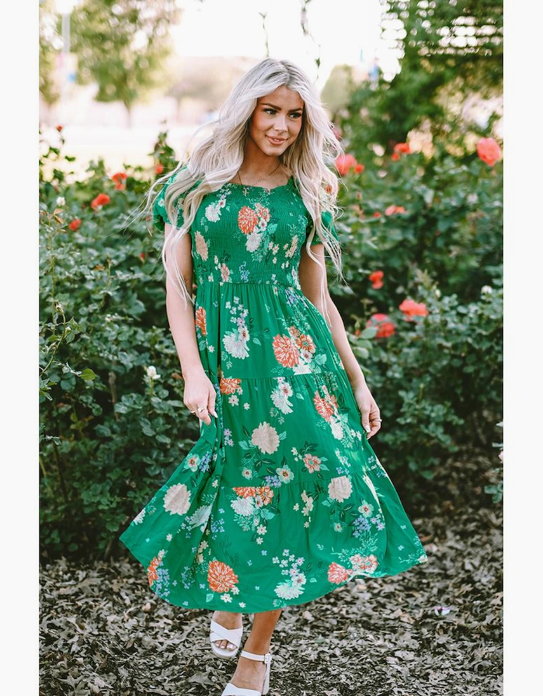 Green Floral Print Bubble Sleeve Smocked Tiered Midi Dress
