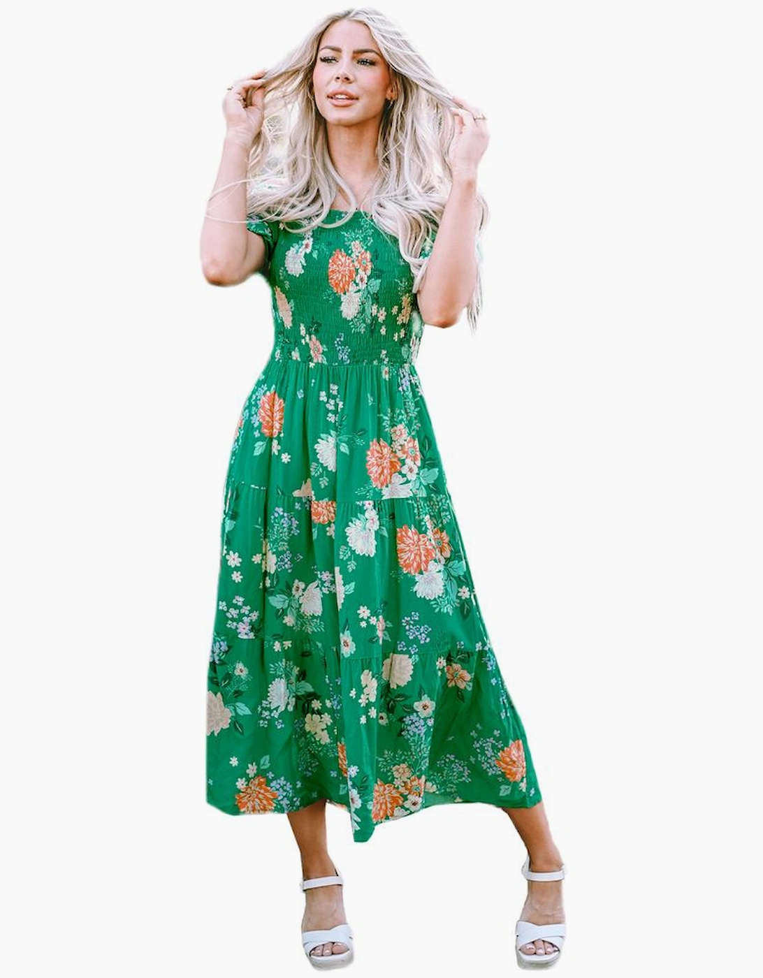 Green Floral Print Bubble Sleeve Smocked Tiered Midi Dress