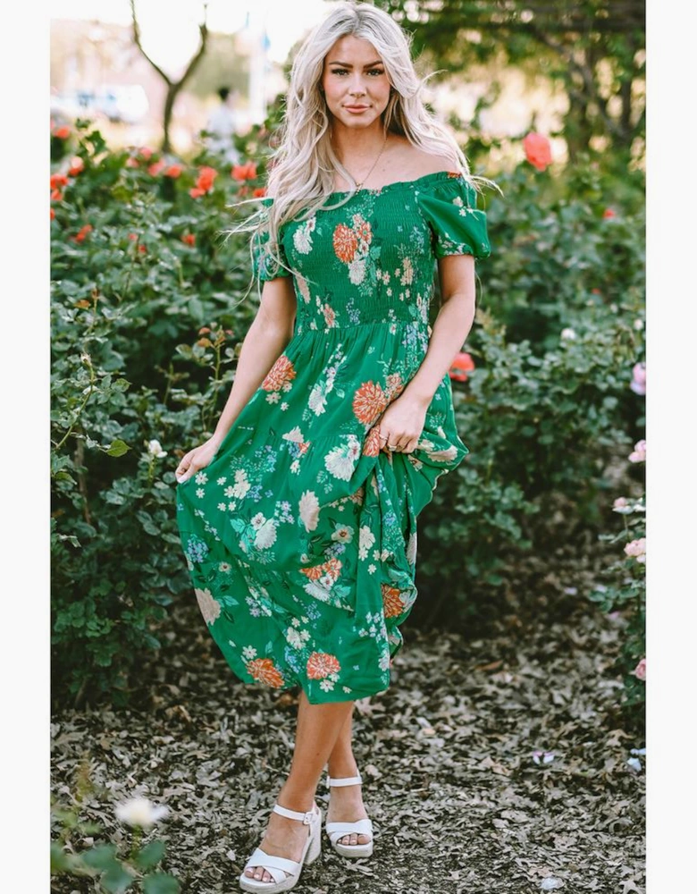 Green Floral Print Bubble Sleeve Smocked Tiered Midi Dress