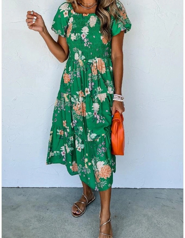 Green Floral Print Bubble Sleeve Smocked Tiered Midi Dress