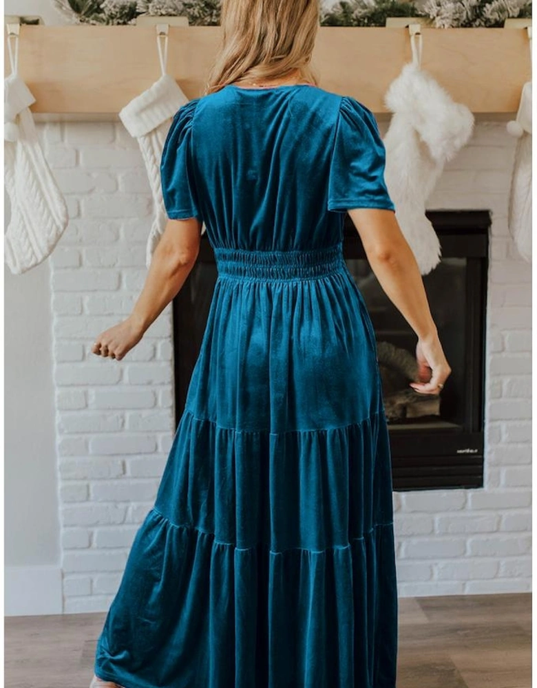 Prussian Blue Velvet Short Sleeve Shirred Waist Tiered Maxi Dress