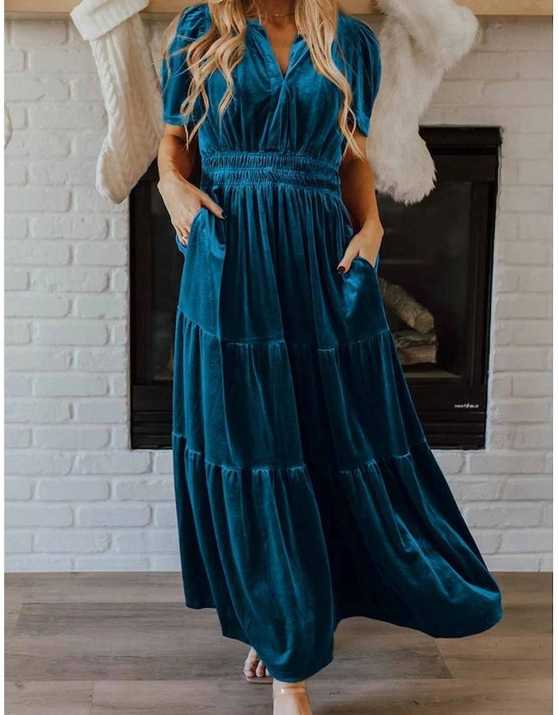 Prussian Blue Velvet Short Sleeve Shirred Waist Tiered Maxi Dress