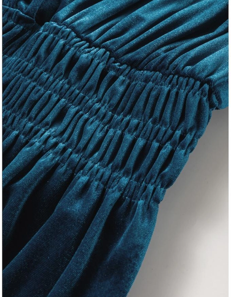 Prussian Blue Velvet Short Sleeve Shirred Waist Tiered Maxi Dress