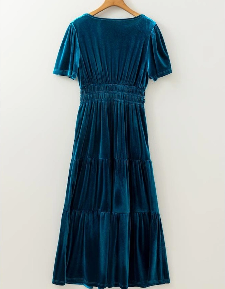 Prussian Blue Velvet Short Sleeve Shirred Waist Tiered Maxi Dress