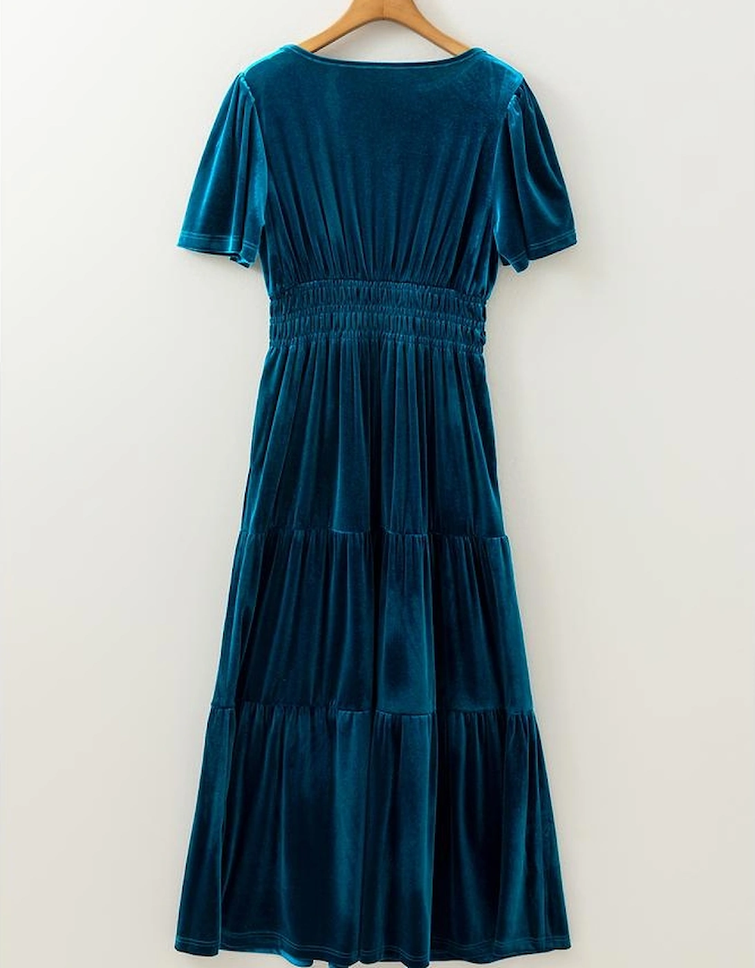 Prussian Blue Velvet Short Sleeve Shirred Waist Tiered Maxi Dress