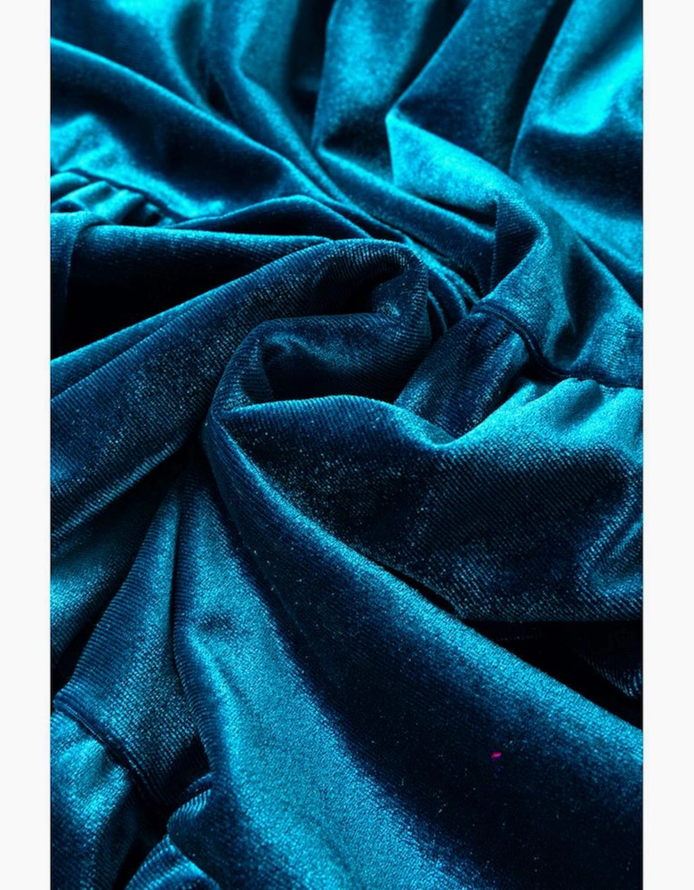 Prussian Blue Velvet Short Sleeve Shirred Waist Tiered Maxi Dress