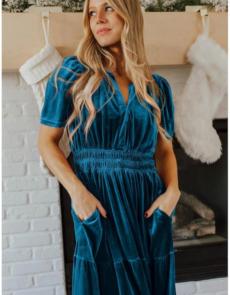 Prussian Blue Velvet Short Sleeve Shirred Waist Tiered Maxi Dress