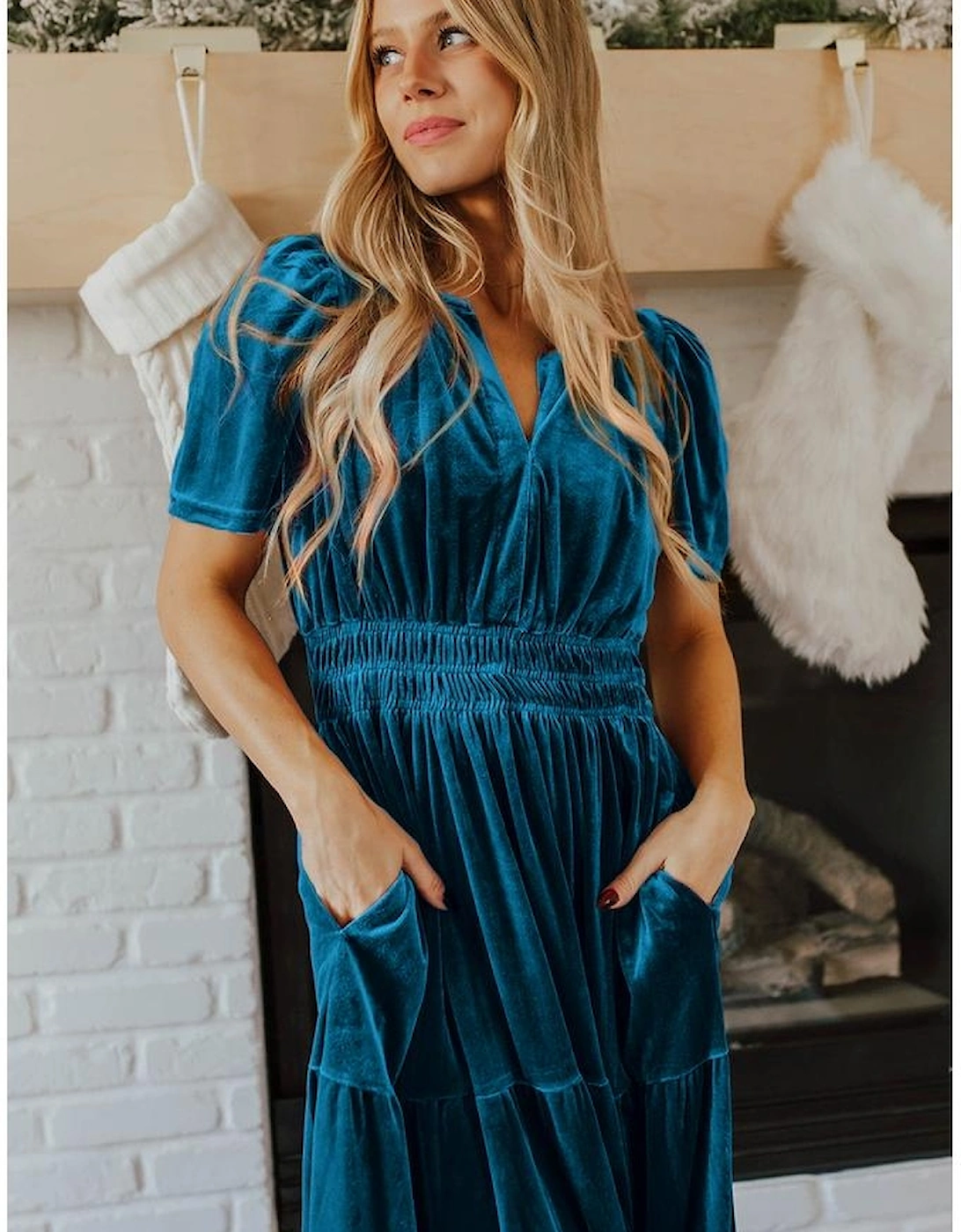 Prussian Blue Velvet Short Sleeve Shirred Waist Tiered Maxi Dress