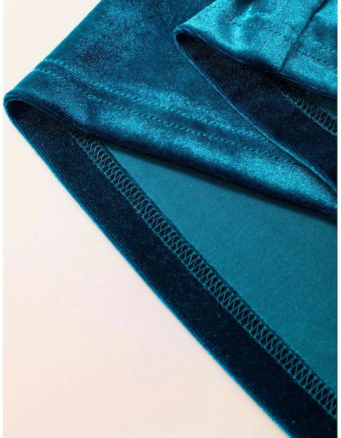 Prussian Blue Velvet Short Sleeve Shirred Waist Tiered Maxi Dress