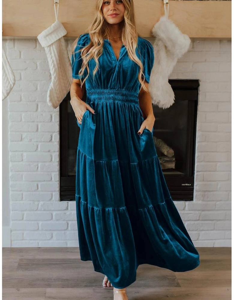 Prussian Blue Velvet Short Sleeve Shirred Waist Tiered Maxi Dress