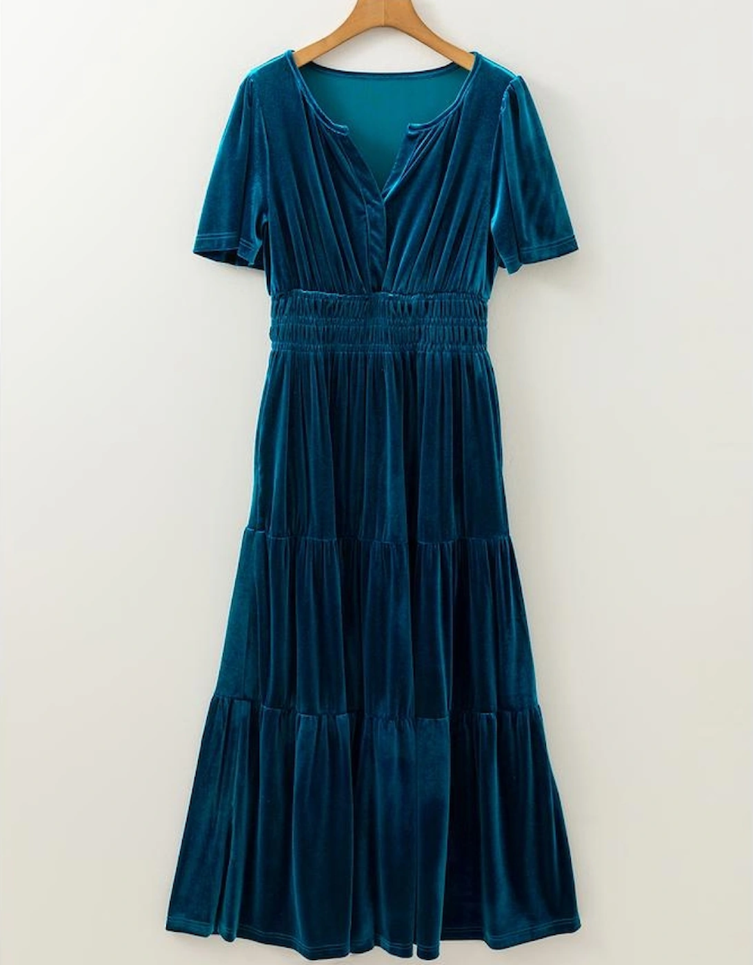 Prussian Blue Velvet Short Sleeve Shirred Waist Tiered Maxi Dress